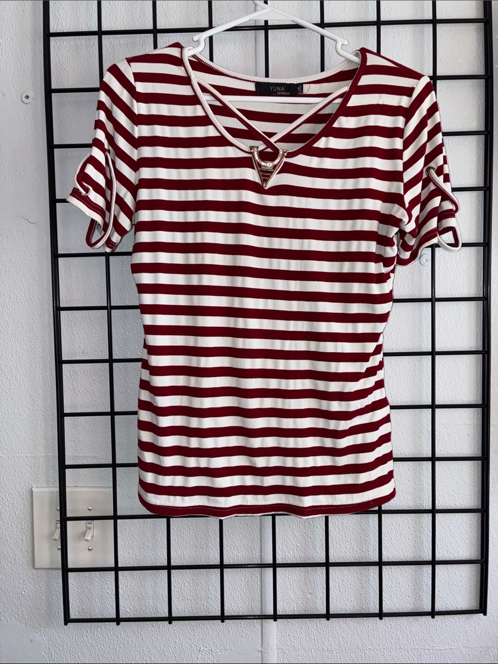 Yuna Red & White Striped Short Sleeve Tee with V-Neck Accent